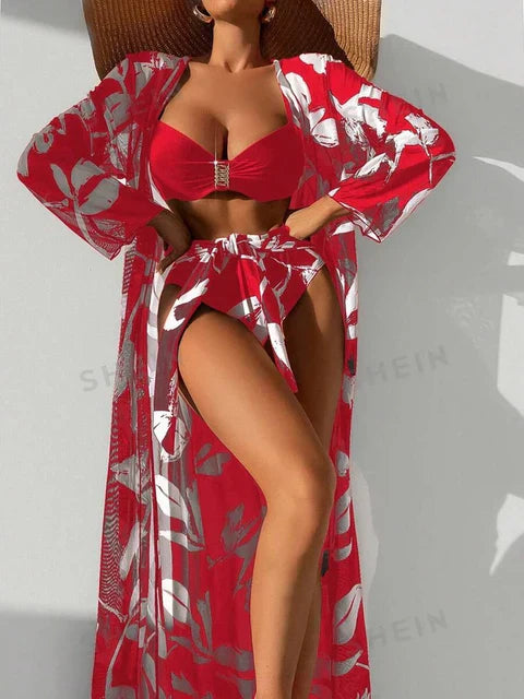Elaina™ – Damen 3-teiliges Badeanzug-Set mit Hoch Tailliertem Bikini & Kimono 3