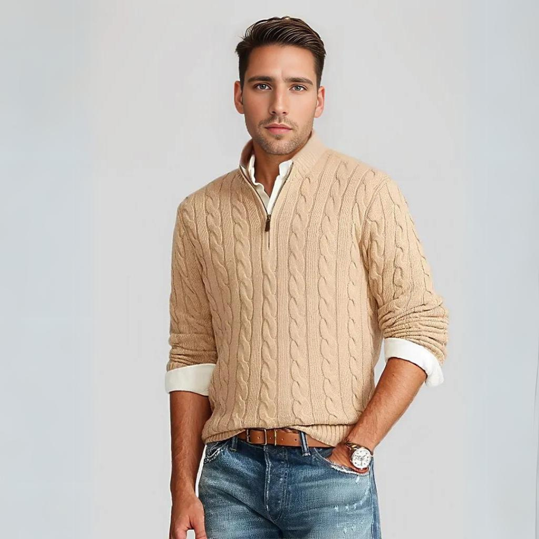 NordVell™ – Herren Strickpullover mit V-Ausschnitt & Reißverschluss