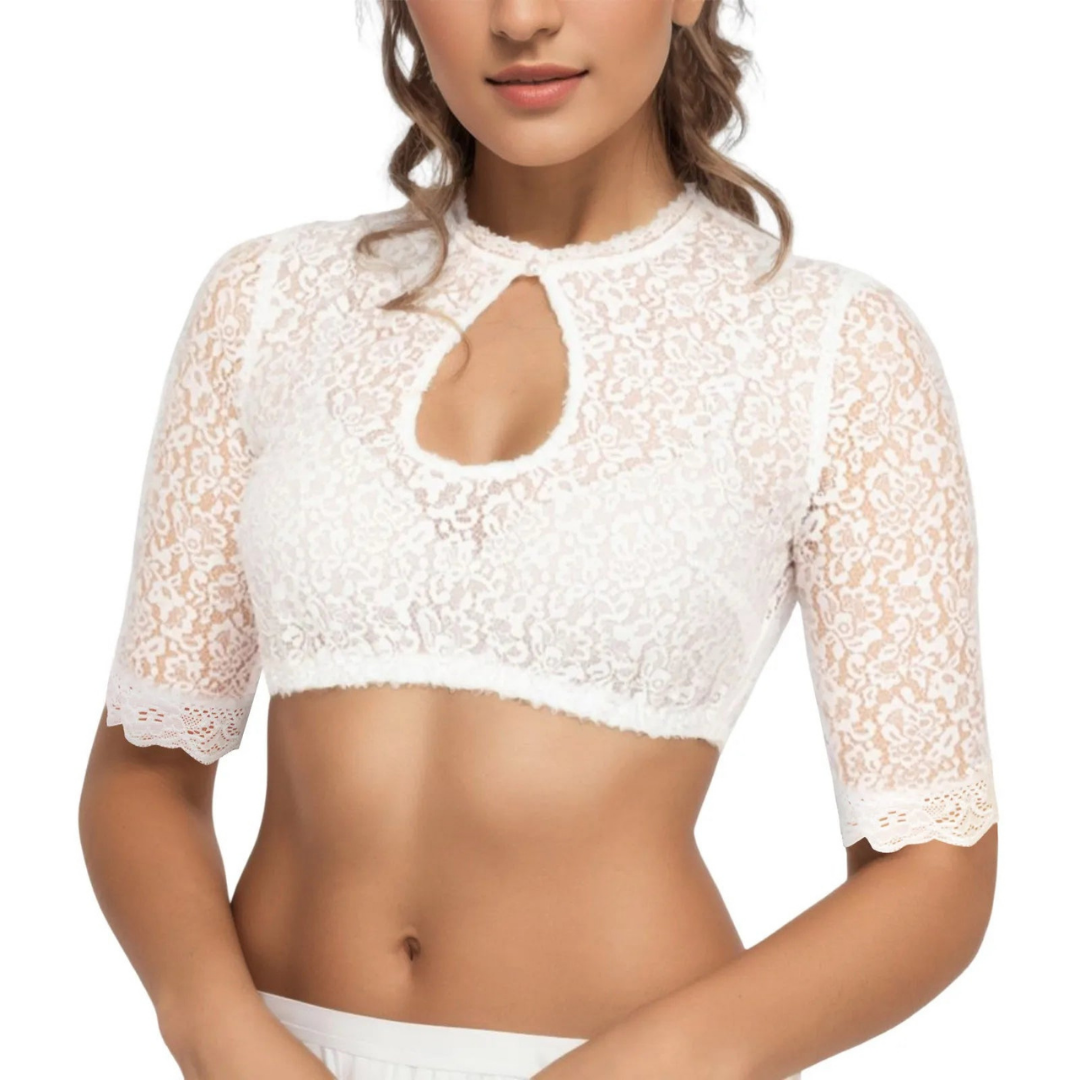 AlpenCharm™ – Elegante Dirndlbluse mit Hochgeschlossener Spitze