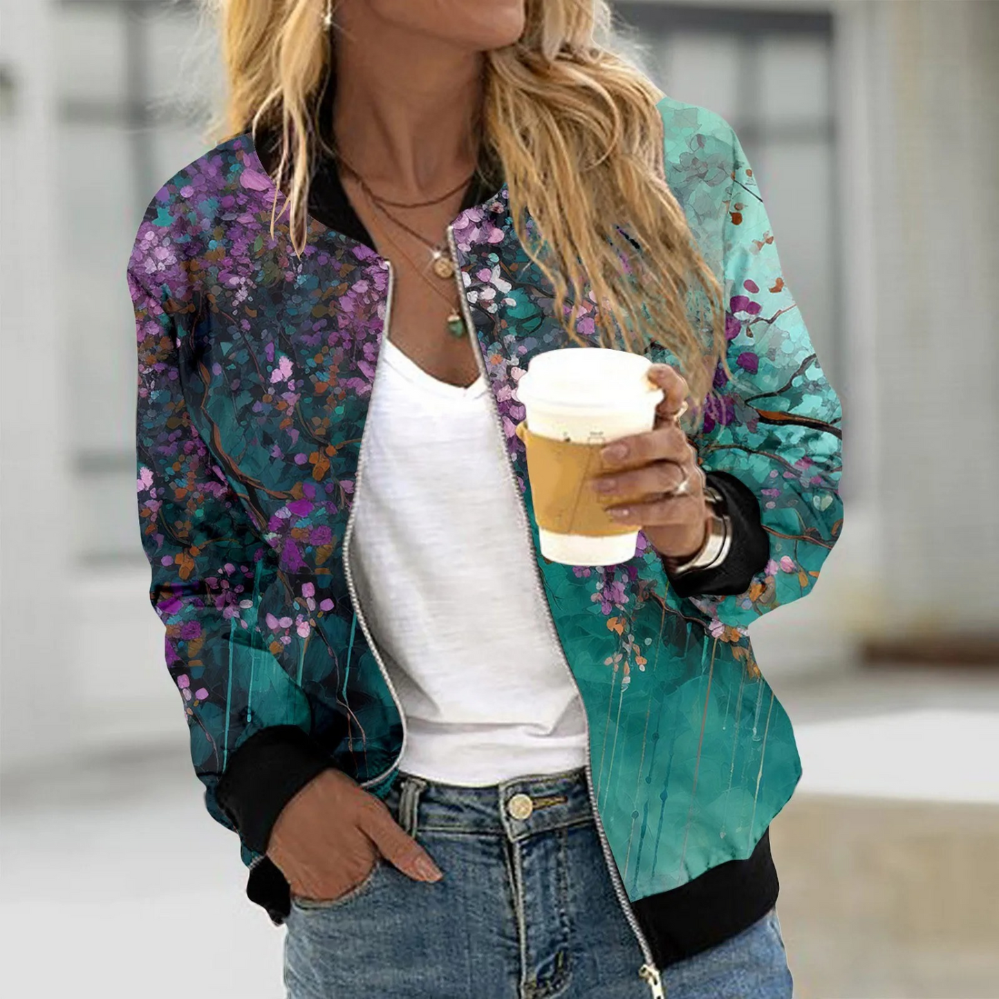 Blumenmuster Damen Bomberjacke im Vintage-Stil