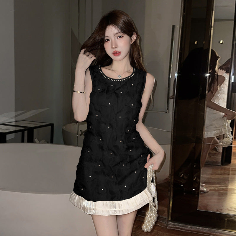 Elarova Chanel-Stil Rundhals-Plissee-Weste Kleid mit Nieten