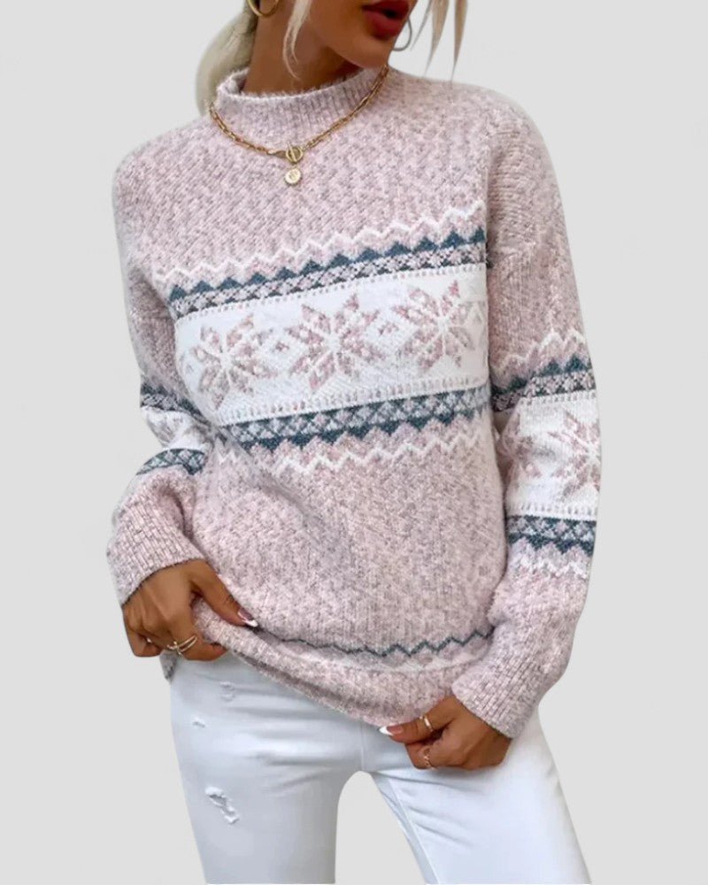 Elarova | Damen Gestrickter Fair Isle Winter-Schneeflockenpullover