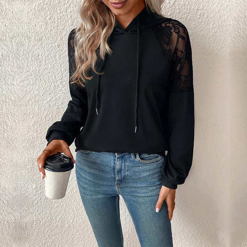 Elarova | Damen Kapuzenpullover mit Spitzenärmel