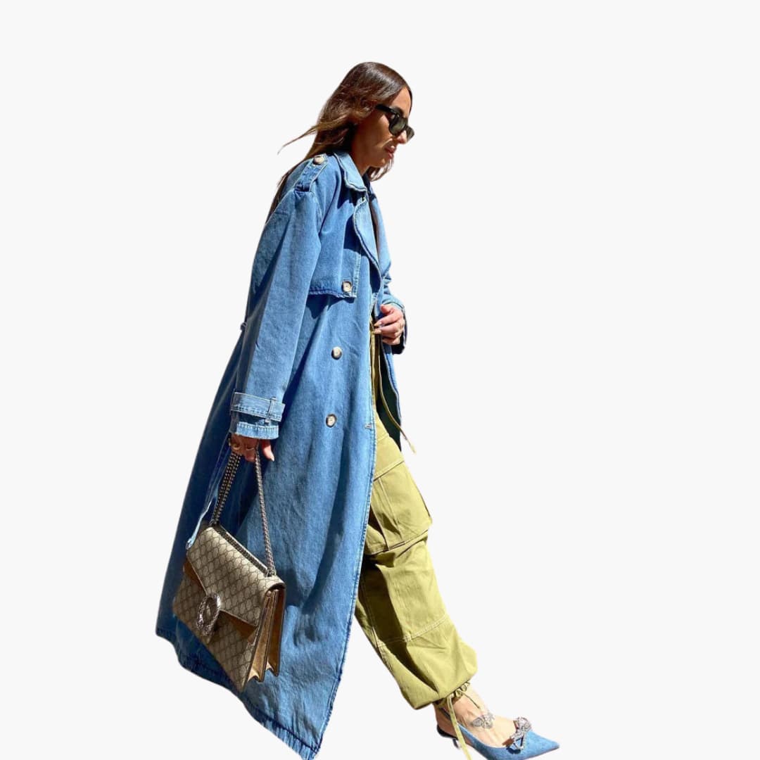 Elarova | Damen Langer Jeans Trenchcoat mit Gürtel