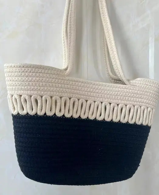 Elarova | Damen Schultertasche mit großer Kapazität handgefertigt aus StrickKitStoff und Stroh