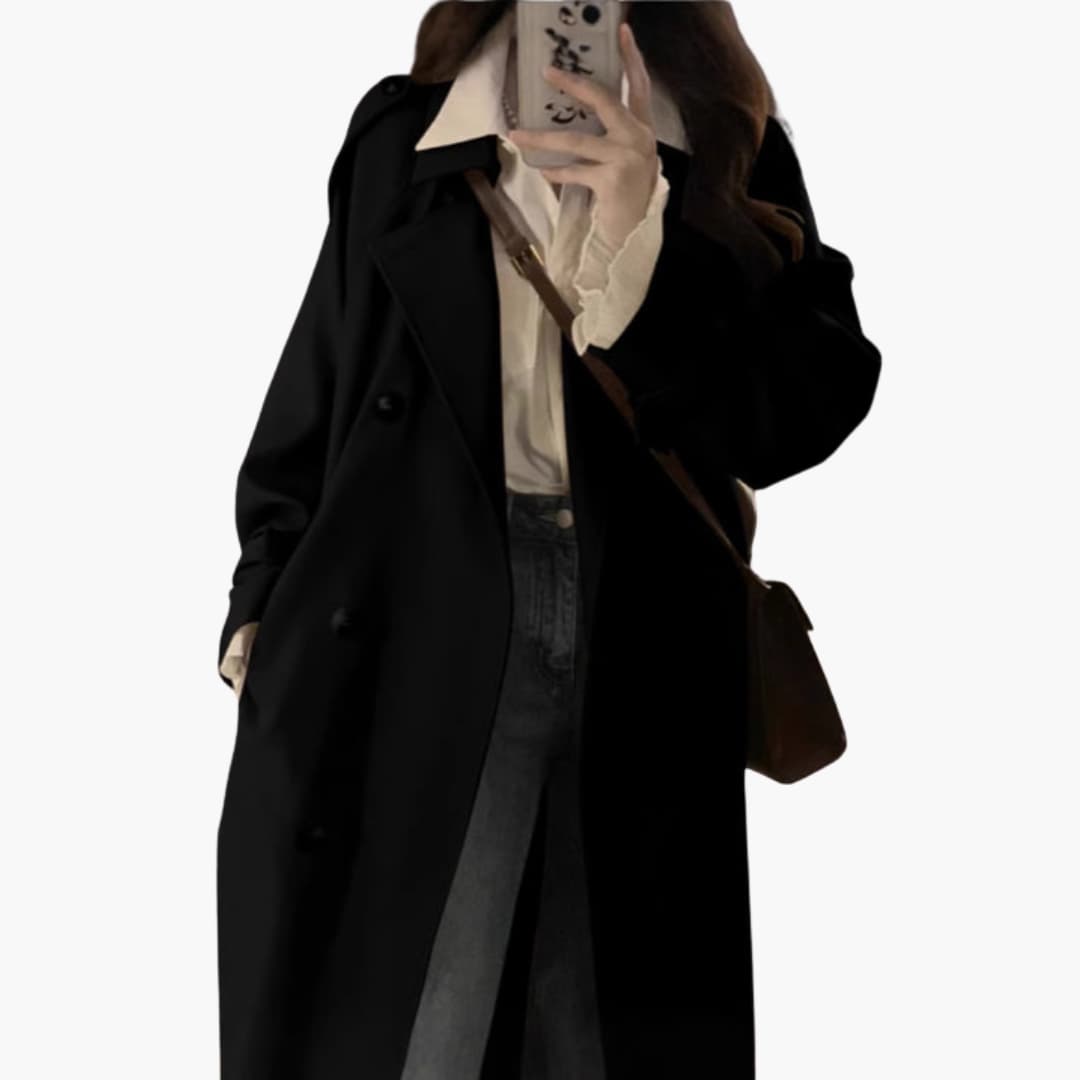 Elarova | Damen Trenchcoat Lang mit Reverskragen und doppelter Knopfleiste
