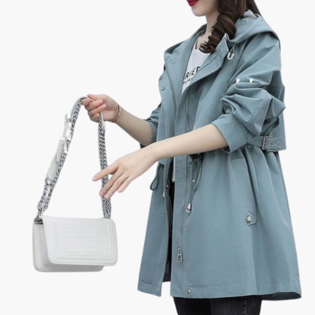 Elarova | Damen Trenchcoat mit Kapuze, Reißverschluss und Taillenzugband