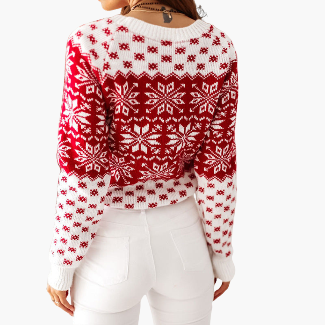 Elarova | Damen-Weihnachtspullover mit Schneeflockenmotiv und Rippbündchen