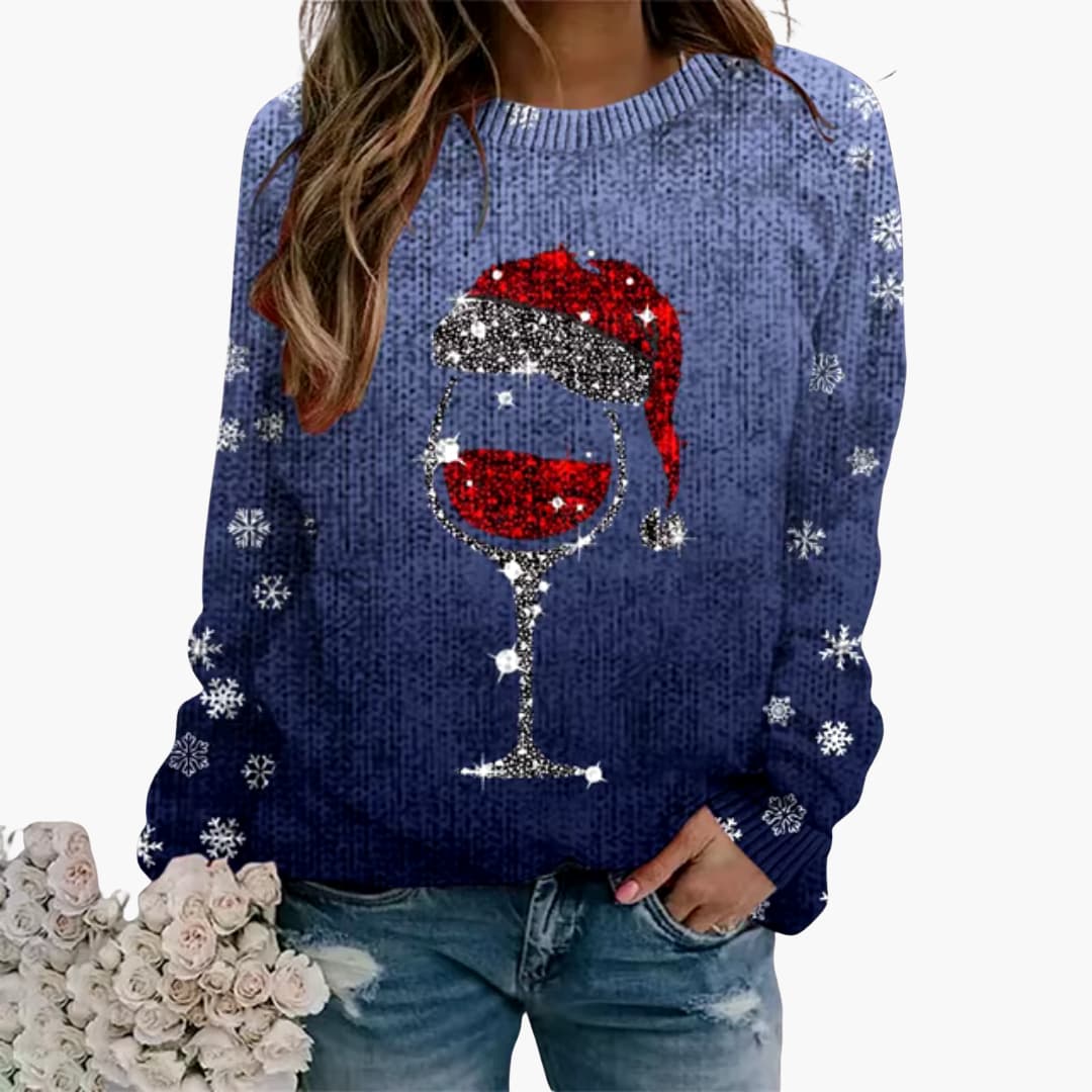 Elarova | Damenpullover mit Weinglas und Schneeflockenmotiv
