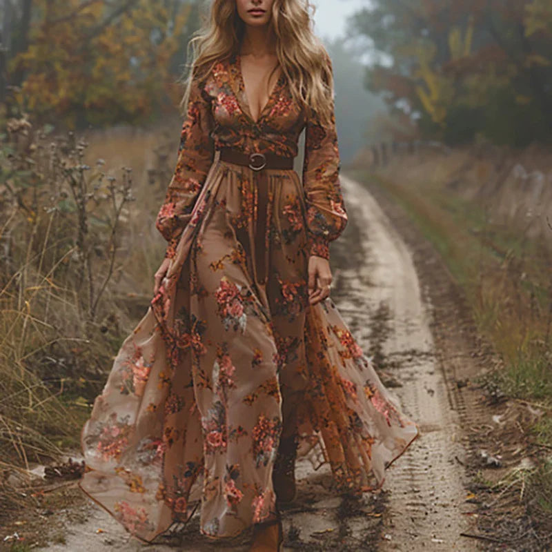 Elarova | Gemustertes Gedrucktes Langärmeliges Plissiertes Kleid