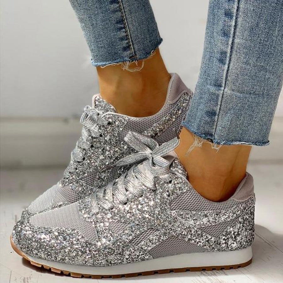 Elarova | Glitzer Mesh Schnürung Plattform Komfort Vulkanisierte Sneakers