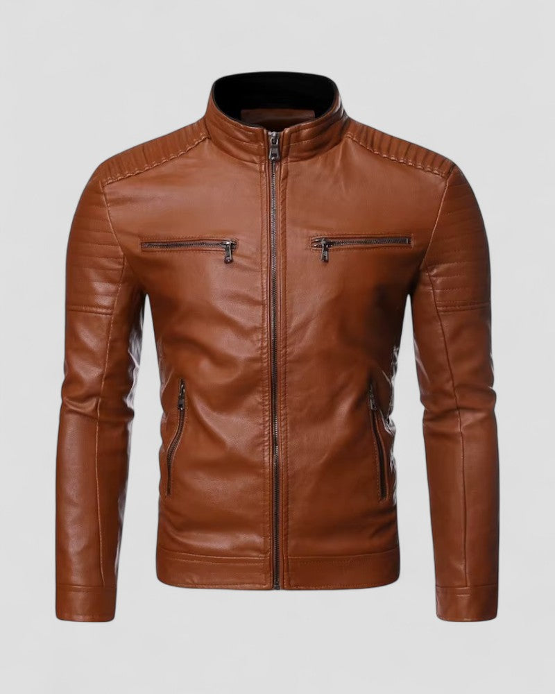 Elarova | Herren-Bikerjacke aus Kunstleder mit Stehkragen und schmaler Passform