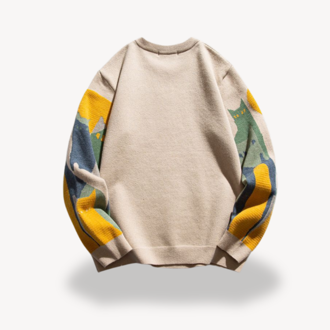 Elarova | Herren-Strickpullover mit Katzenmotiv aus Baumwolle