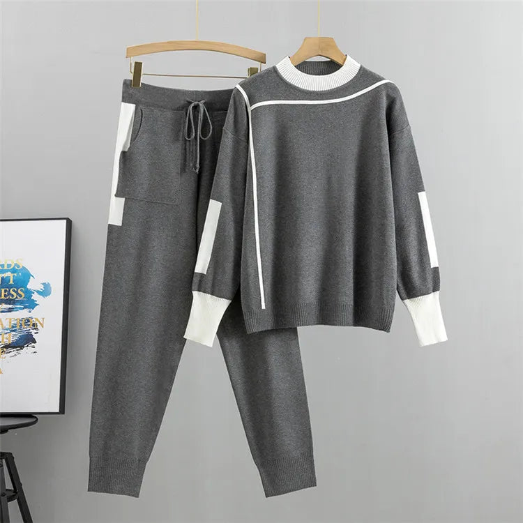 Elarova | Lässiges Herbst Strick Patchwork Oberteil und Hose Set für Frauen