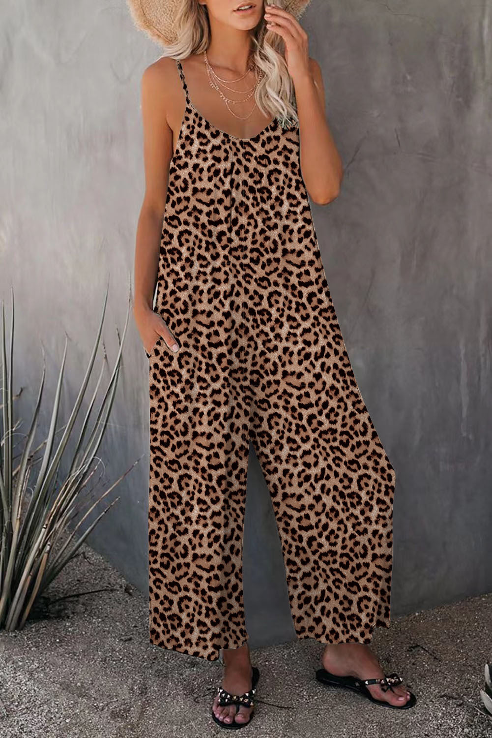 Elarova | Leopard-Print-Tasche Lockerer Träger Einteiler Overall