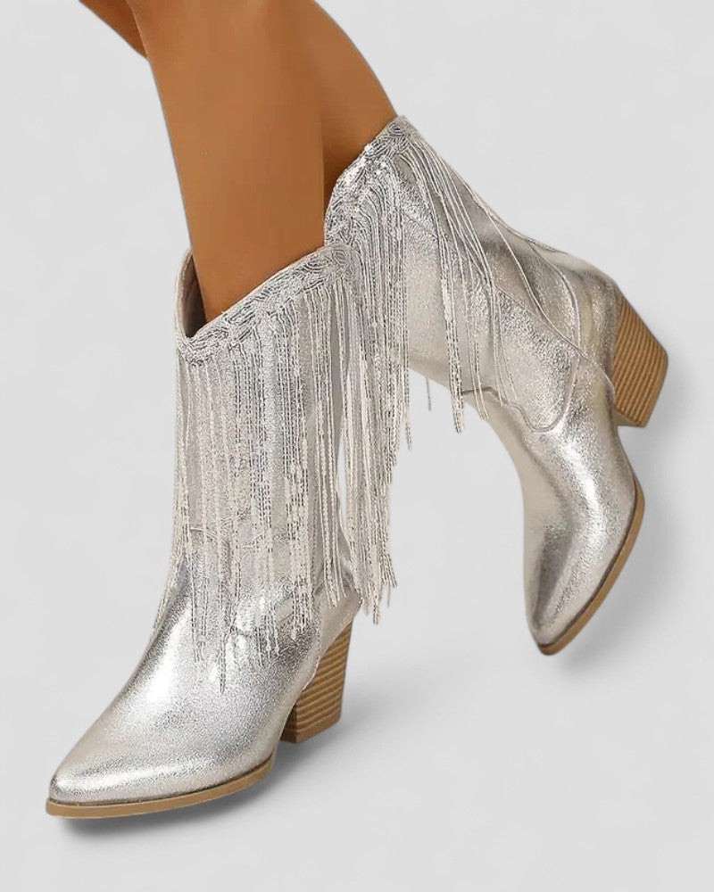 Elarova | Orthopädische Western-Cowboystiefel mit Fransen in Metallic-Optik für Damen