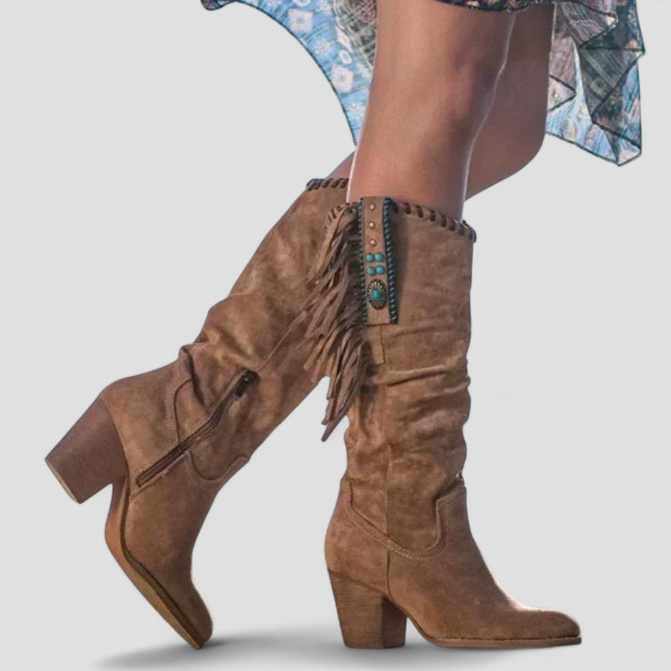 Elarova | Orthopädische kniehohe Westernstiefel aus Wildleder mit Fransen für Damen