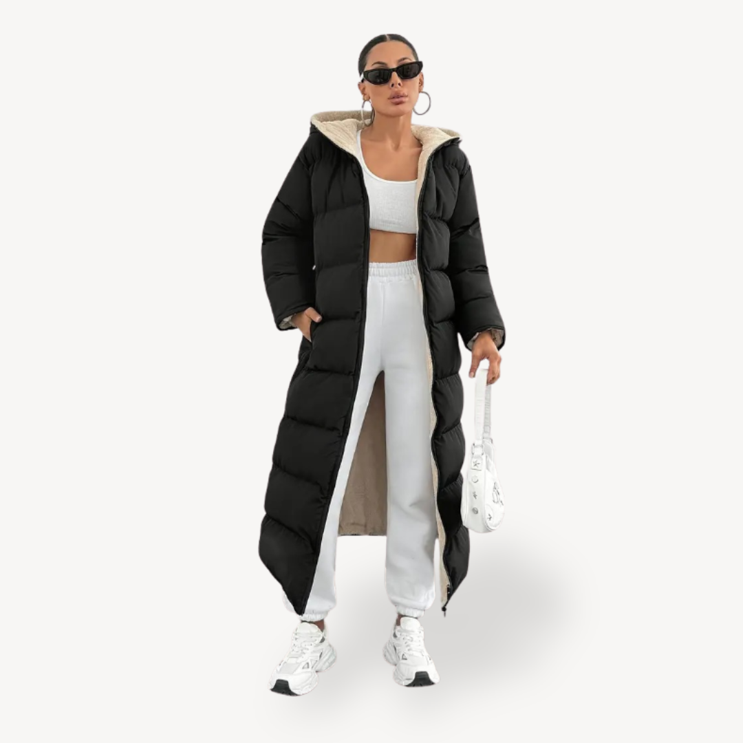 Elarova | Schwarzer Puffermantel mit Kapuze für Damen