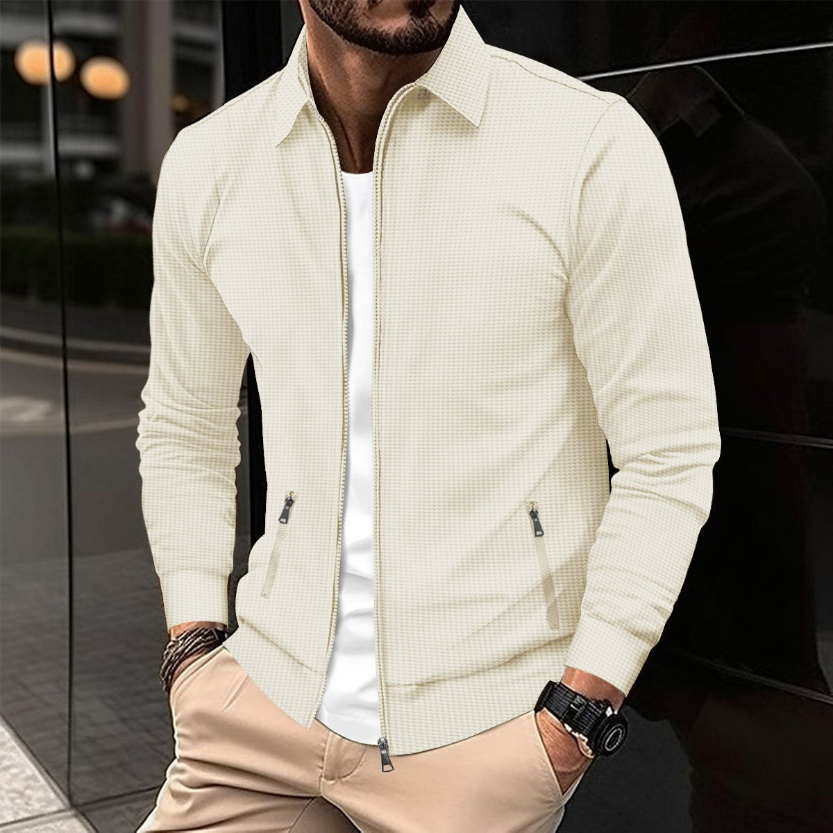 Elarova | Slim-fit Men's Jacket with Waffle Pattern and Zipper Pockets