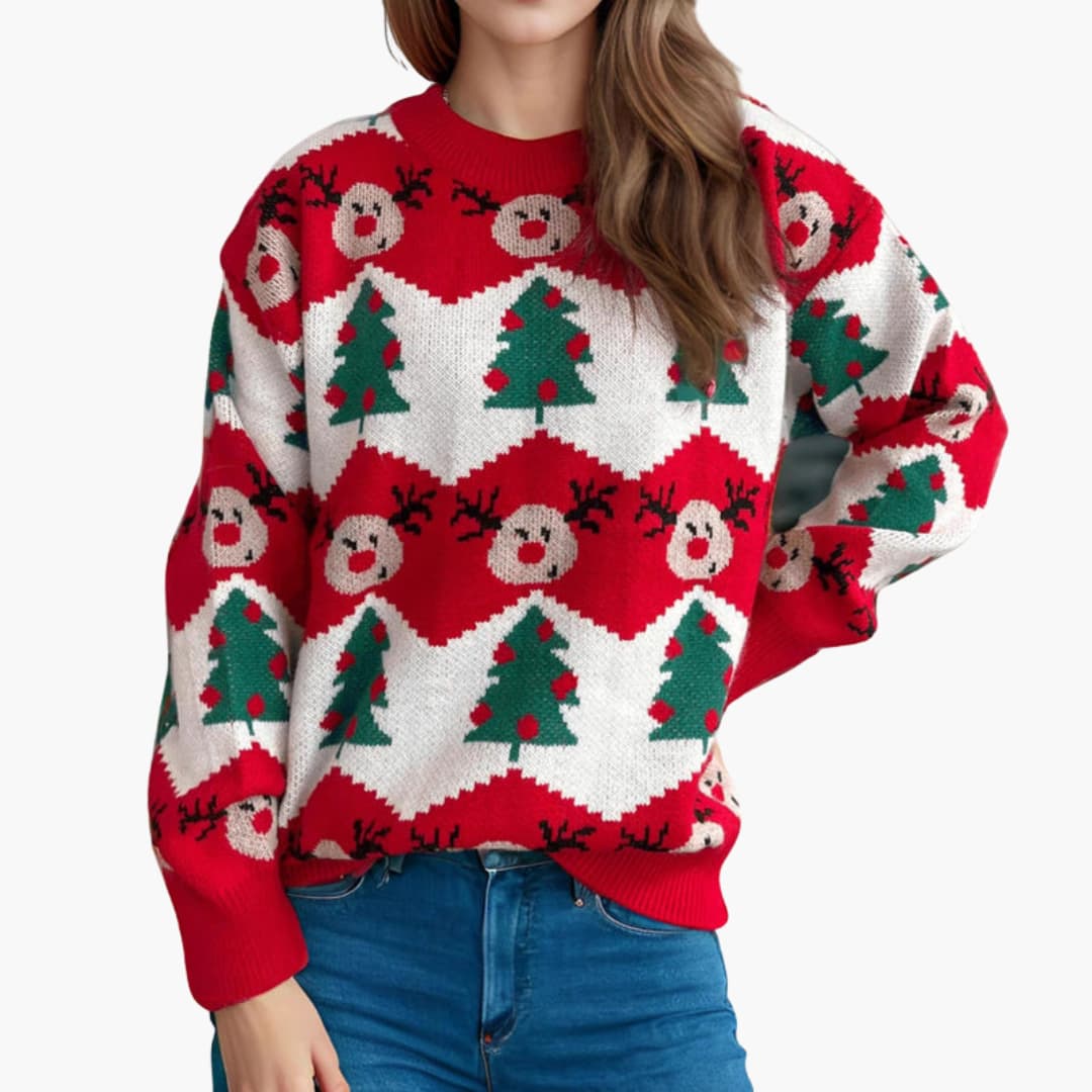 Elarova | Weihnachtspullover für Damen mit Rentier und Weihnachtsbaummotiv