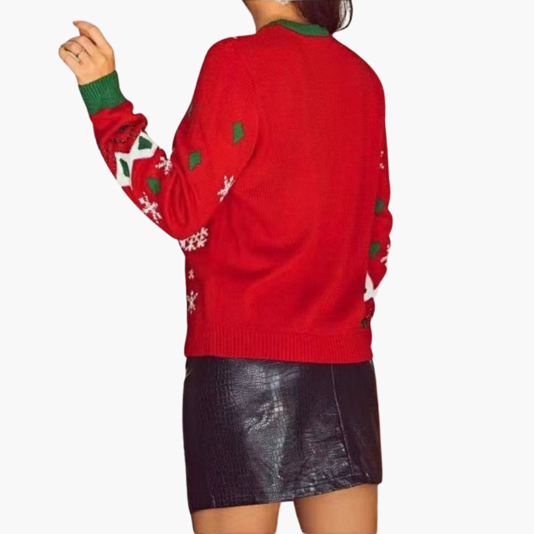 Elarova | Weihnachtsstrickpullover für Damen mit Lama-Motiv und dekorativen Pompoms
