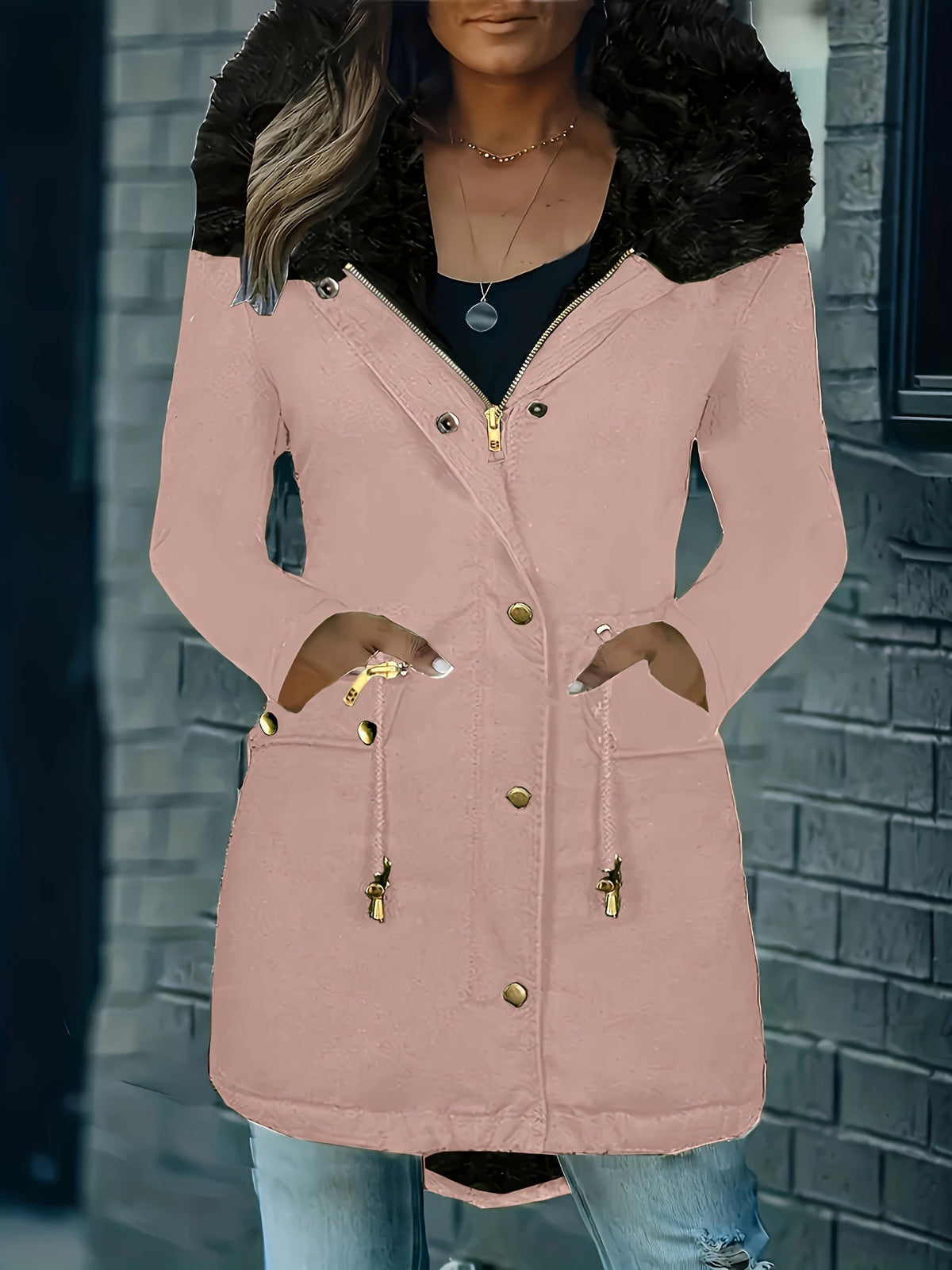 Elarova | Zip up Parka Mantel mit Knöpfen Kapuze Damen Winterjacke