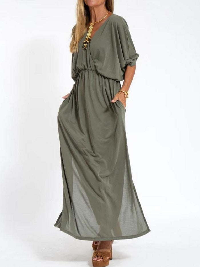 Hochtailliertes Kleid von Elarova mit Schlitz und V-Ausschnitt