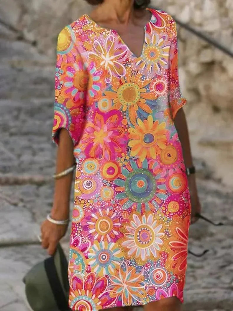 Jolanda-Kleid: V-Ausschnitt, Blumenmuster