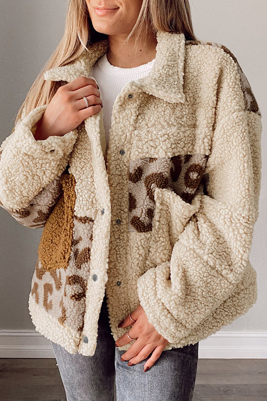 Elarova |  Leopard Patchwork Snap Buttons Sherpa Jacke