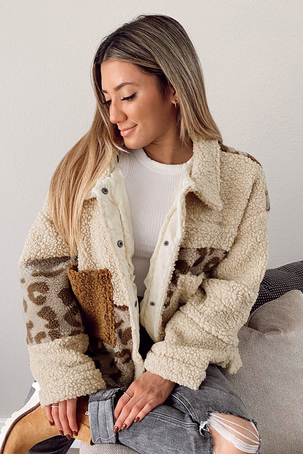 Elarova |  Leopard Patchwork Snap Buttons Sherpa Jacke