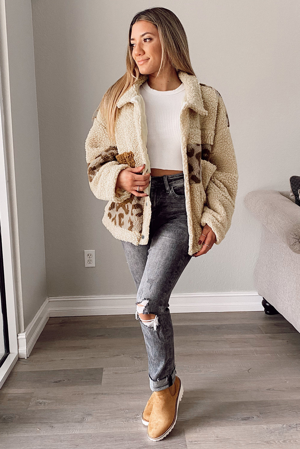 Elarova |  Leopard Patchwork Snap Buttons Sherpa Jacke