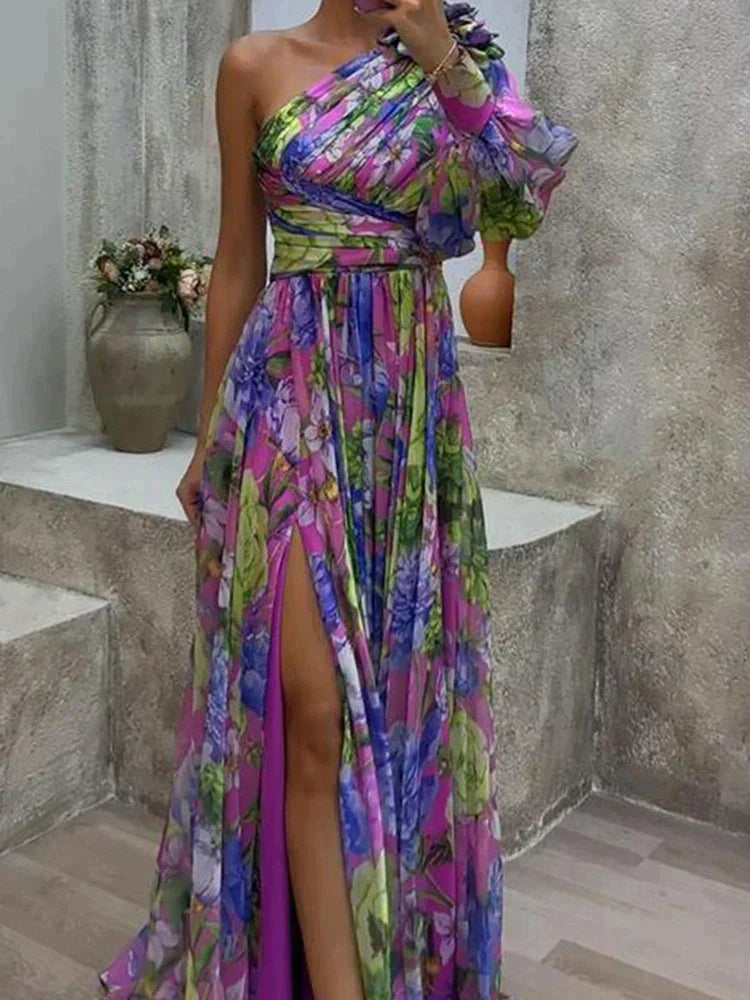 Lila Maxikleid mit seitlichem Schlitz und Ärmeln von Franziska – sexy Design