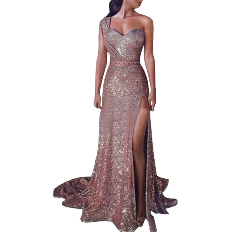 Lydia: Ärmelloses One-Shoulder-Kleid mit Bronzing-Effekt und Beinschlitz