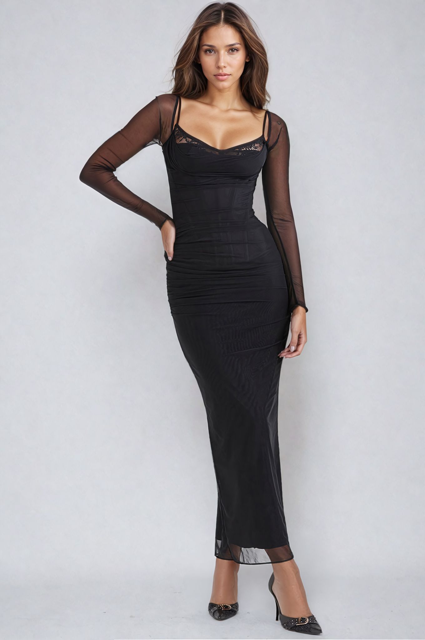 Missi™ – Damen Abendkleid Lang mit Eleganter Silhouette und Transparenten Ärmeln 2