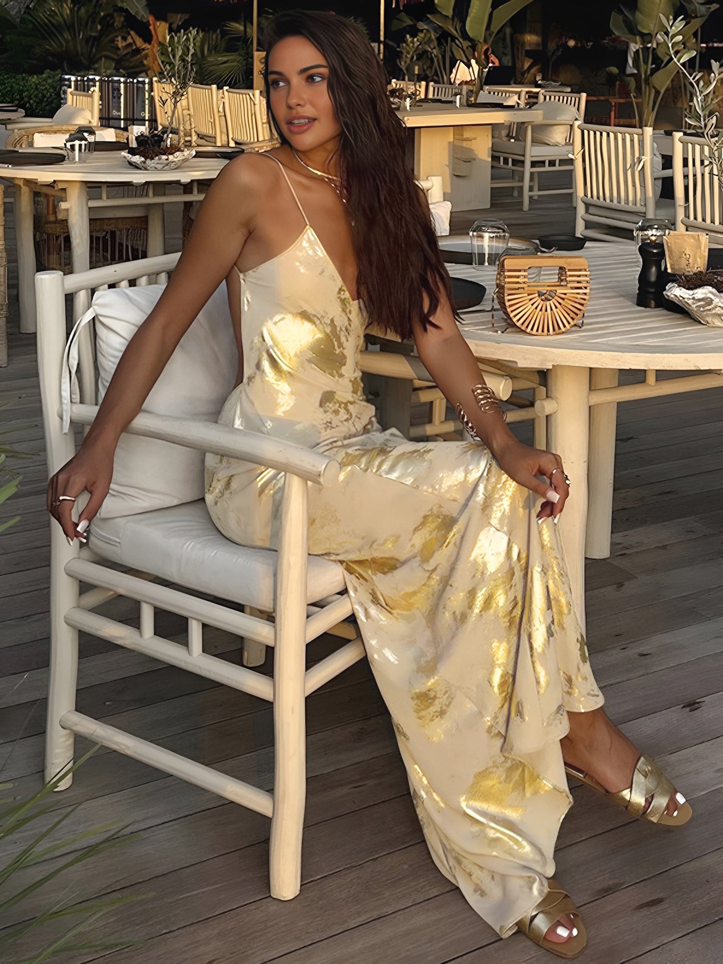Maxikleid im Old-Money-Stil mit goldenen Akzenten für Damen