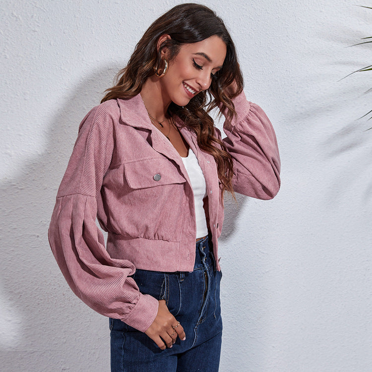 Elarova |  Rosafarbene Cropped Cordjacke für Damen