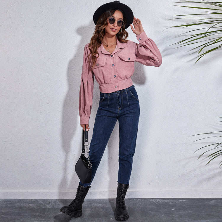 Elarova |  Rosafarbene Cropped Cordjacke für Damen