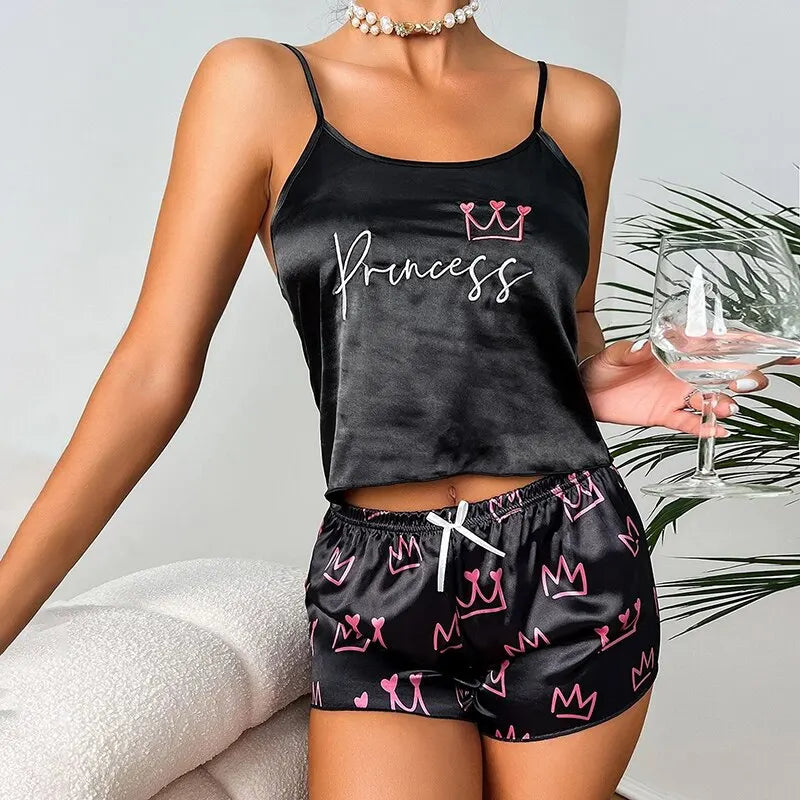 Damen Pyjama Set Satin Nachthemd Elegant