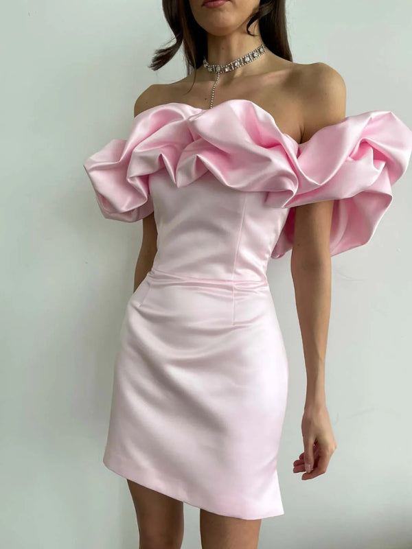 Madison™ – Damen Off-Shoulder Satin Kleid mit Rüschen und Eleganz