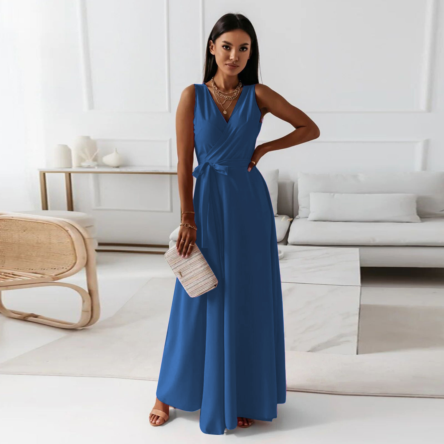 W&W™ – Damen Abendkleid mit V-Ausschnitt Elegantes Dunkelgrün Maxi-Design-2