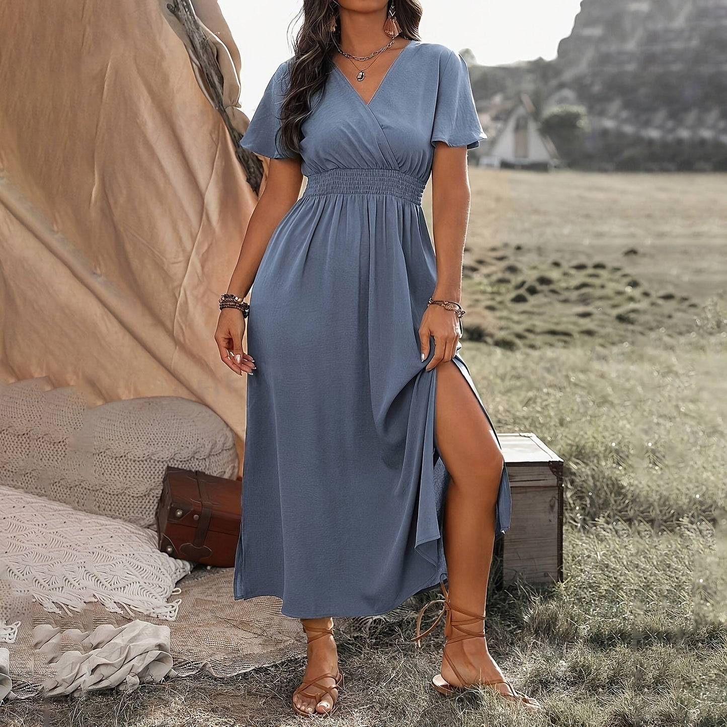 Variant image for BohoChic™ – Damen Sommerkleid Maxi mit Elastischer Taille und V-Ausschnitt-31