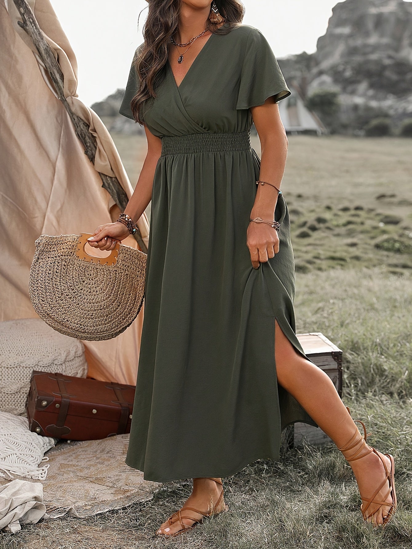 BohoChic™ – Damen Sommerkleid Maxi mit Elastischer Taille und V-Ausschnitt-1