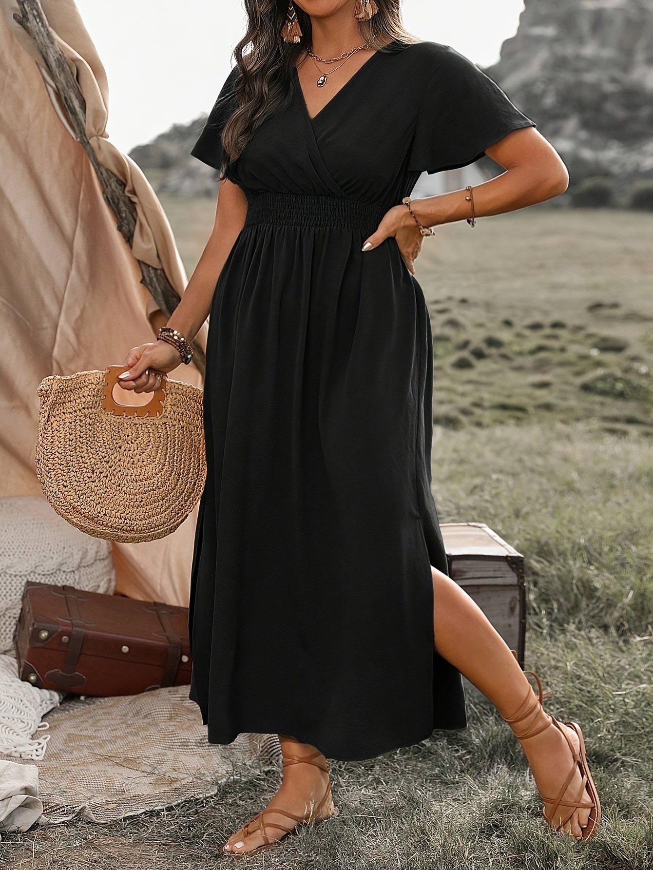 Variant image for BohoChic™ – Damen Sommerkleid Maxi mit Elastischer Taille und V-Ausschnitt-11
