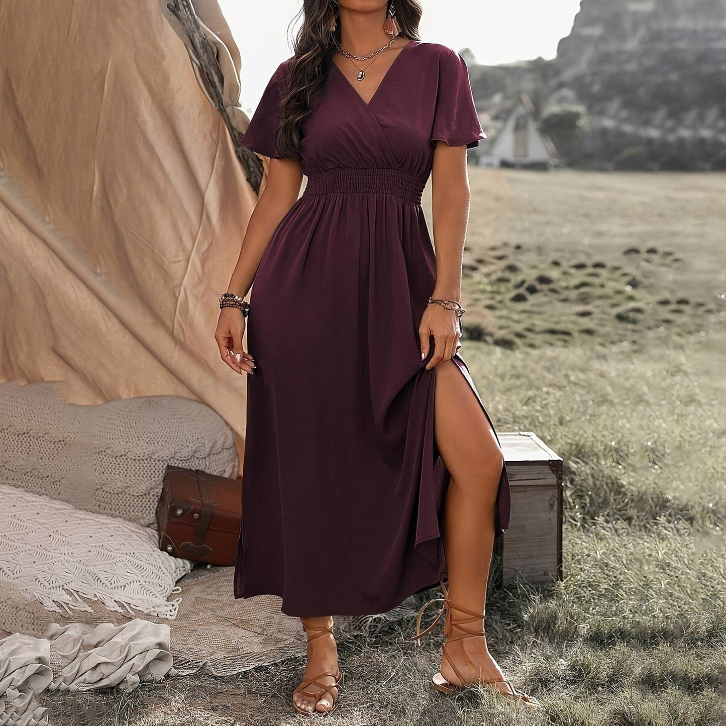 Variant image for BohoChic™ – Damen Sommerkleid Maxi mit Elastischer Taille und V-Ausschnitt-26