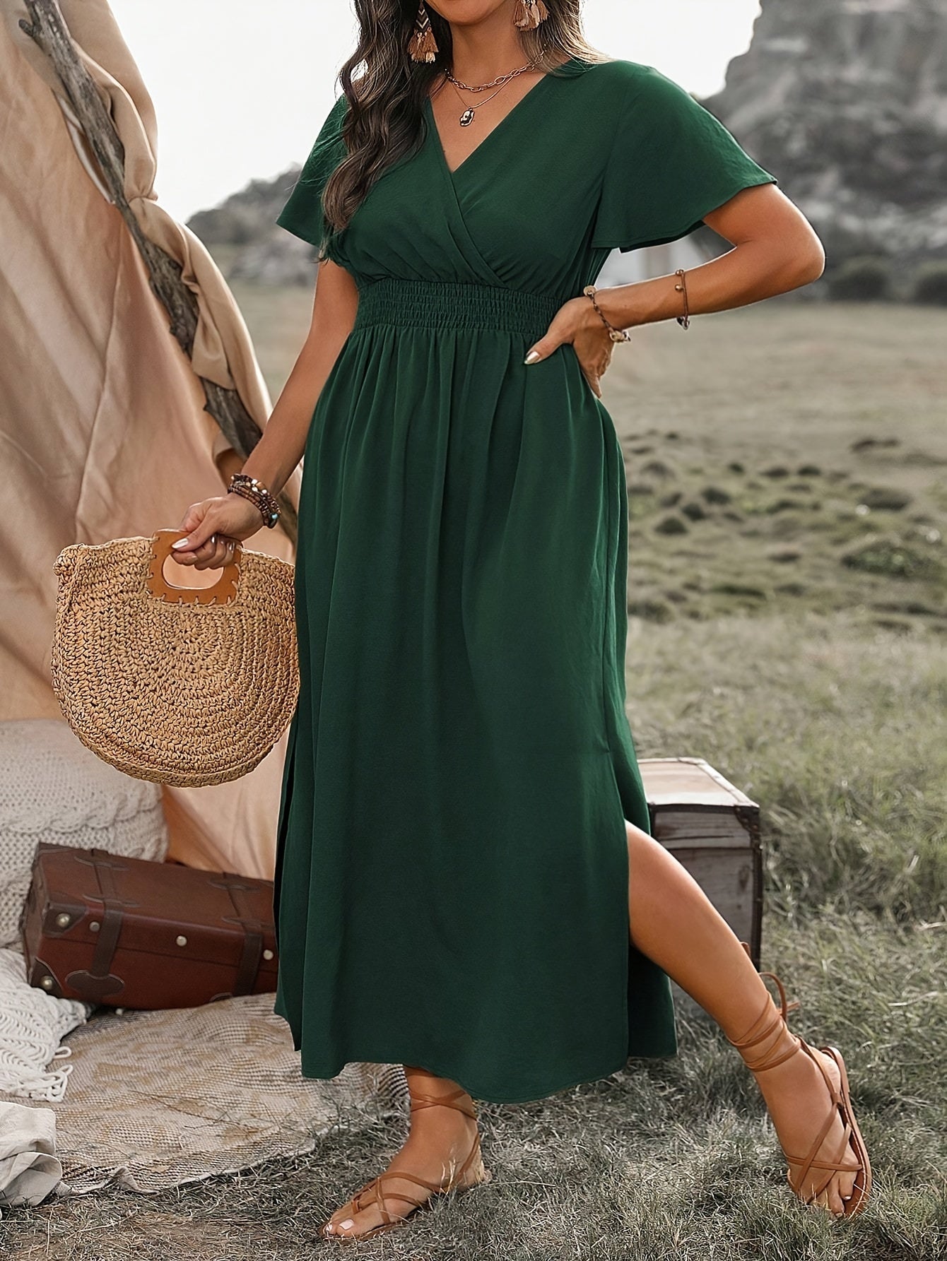 Variant image for BohoChic™ – Damen Sommerkleid Maxi mit Elastischer Taille und V-Ausschnitt-16
