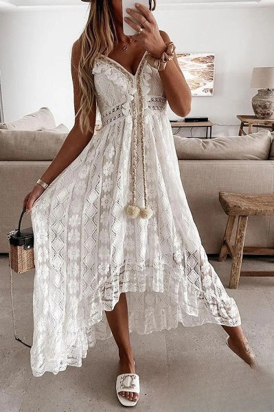 Weißes Spitzenkleid mit Fransen Elegant - Elarova