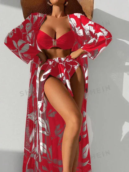 Elaina™ – Damen 3-teiliges Badeanzug-Set mit Hoch Tailliertem Bikini & Kimono 3