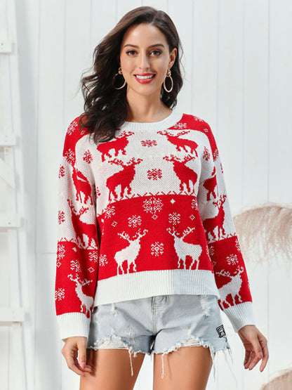 Weihnachtspullover Rentier Muster Rot Weiß Rundhals - Elarova