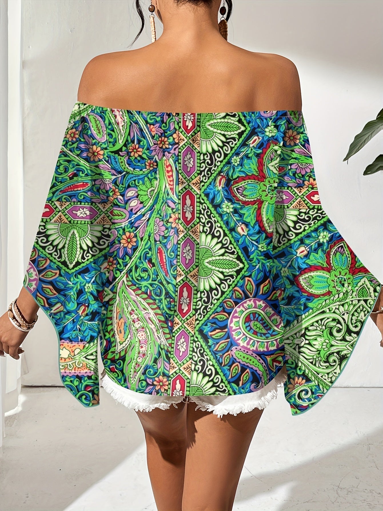 Frauen Bluse Off Shoulder Geometrisches Muster