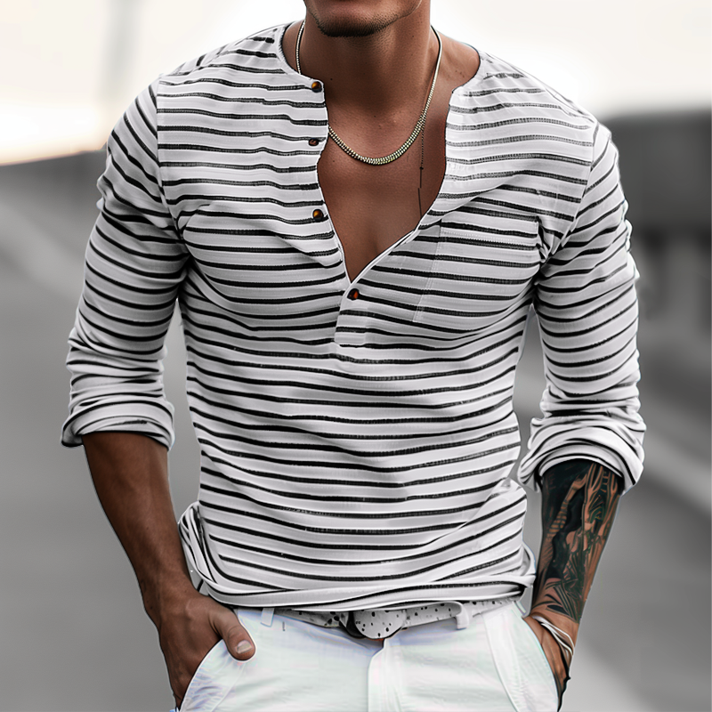 Herren Henley-Shirt Langarm Streifen